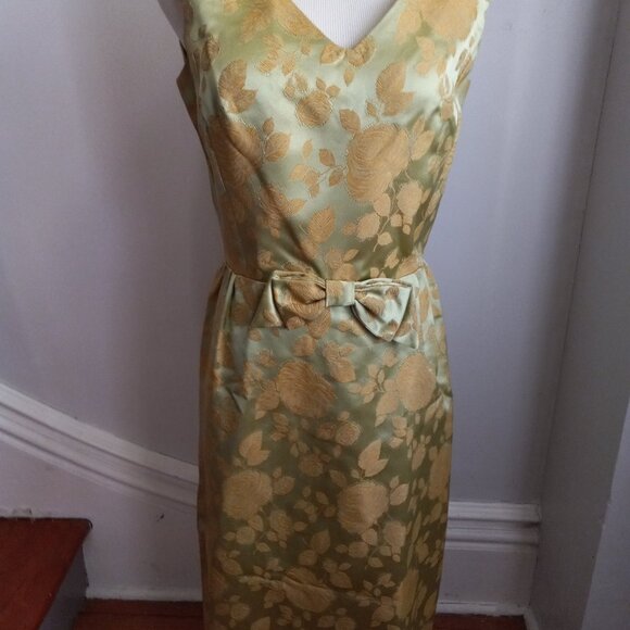VINTAGE 1960'S GREEN GOLD BROCADE DRESS JACKET SET - Picture 3 of 15